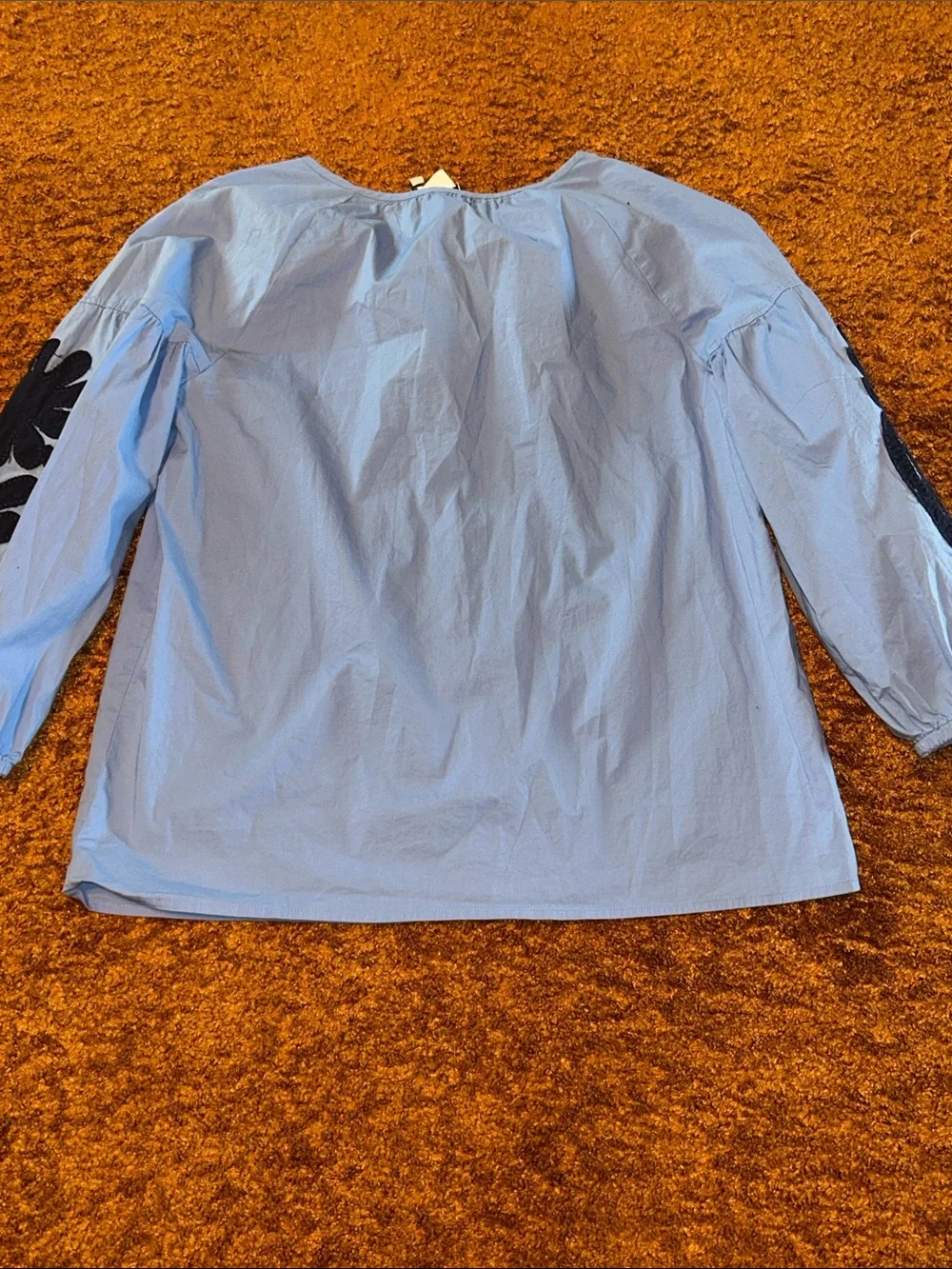 J. Crew Light Blue Blouse with Navy Sleeve Embroidery